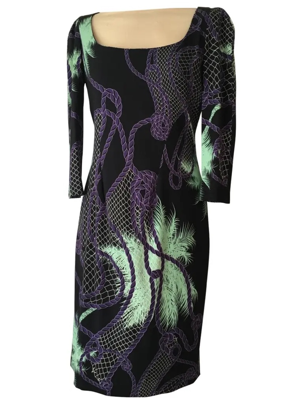 Versace Collection Black Midi Dress with Purple Rope & Mint Palm Motif